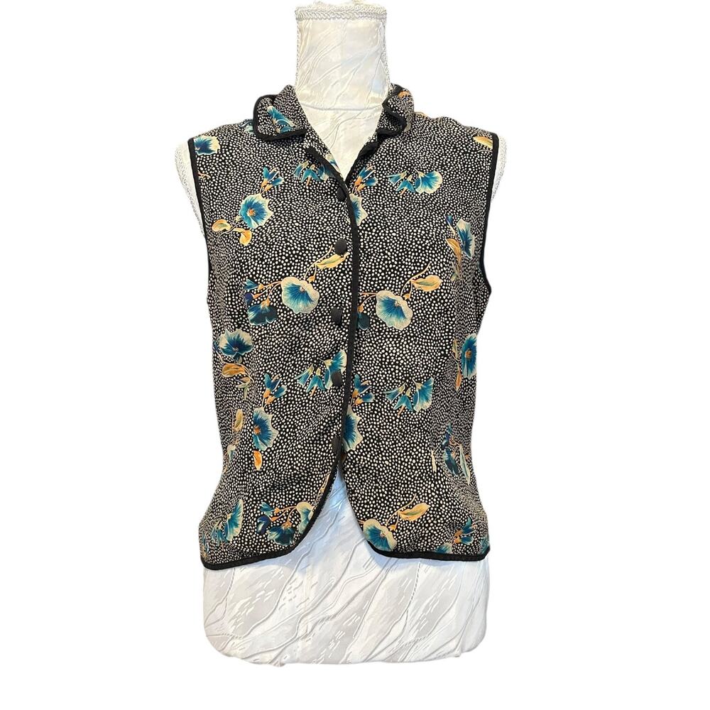 Vintage 00s Black Silk Floral Polka Dot Sleeveless Vest Top Size 8 - Picture 2 of 14